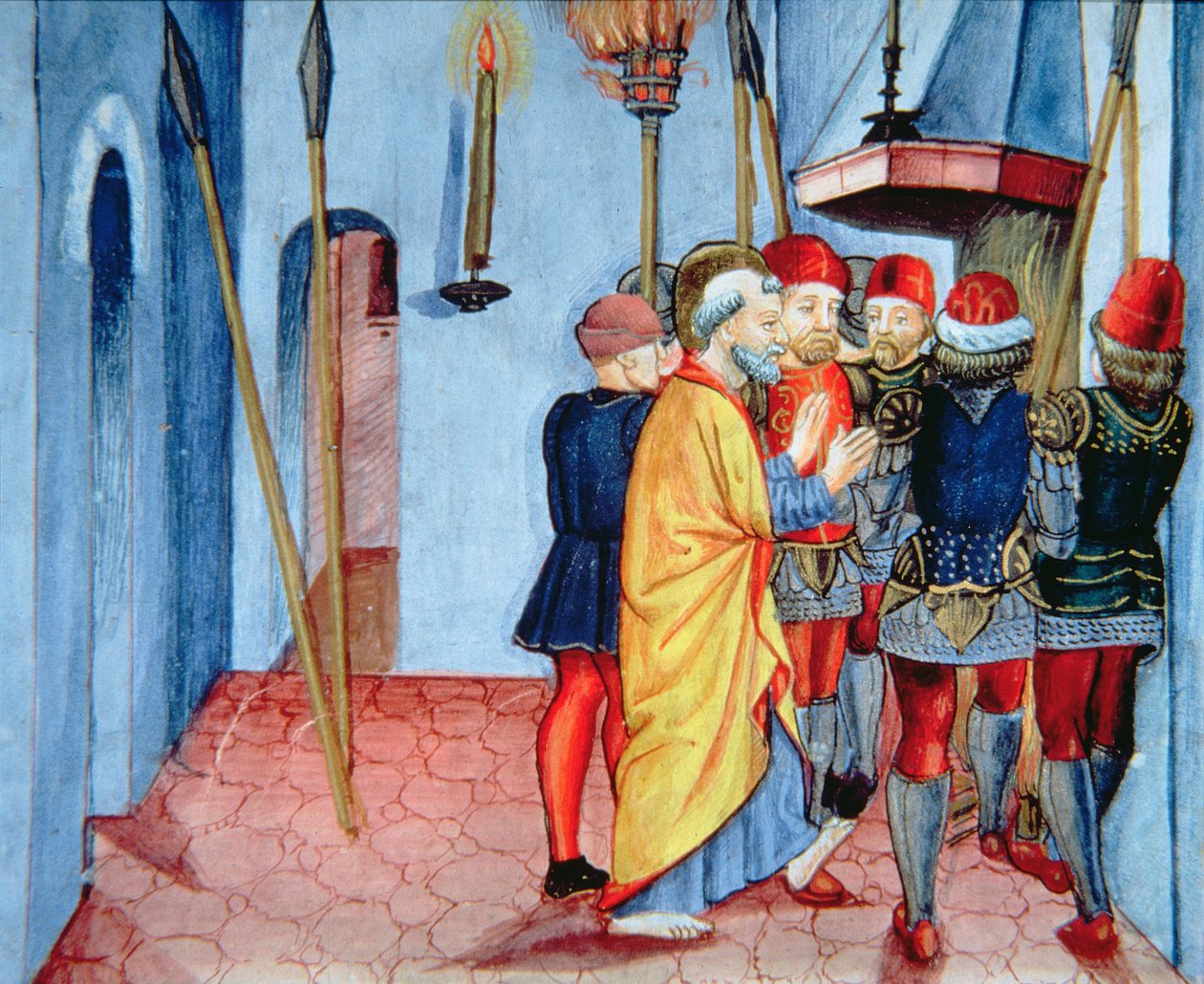 Fol.107v Peter fornægter Kristus (vellum) af Italian School