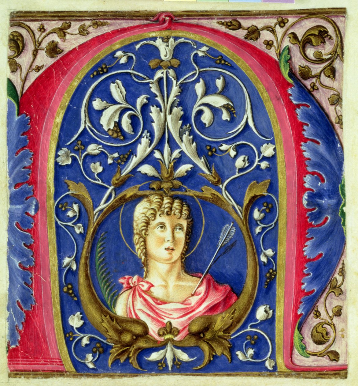 Historikert initial N afbilder St. Sebastian af Italian School