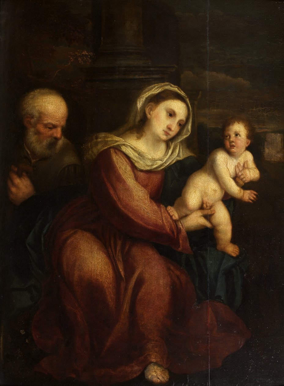 Den hellige familie (olie på panel) af Italian School