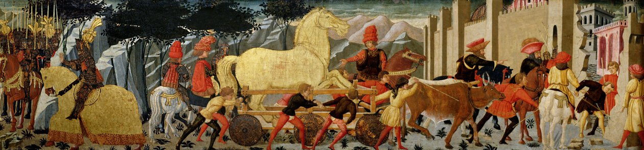 Den trojanske hest (olie på panel) af Italian School