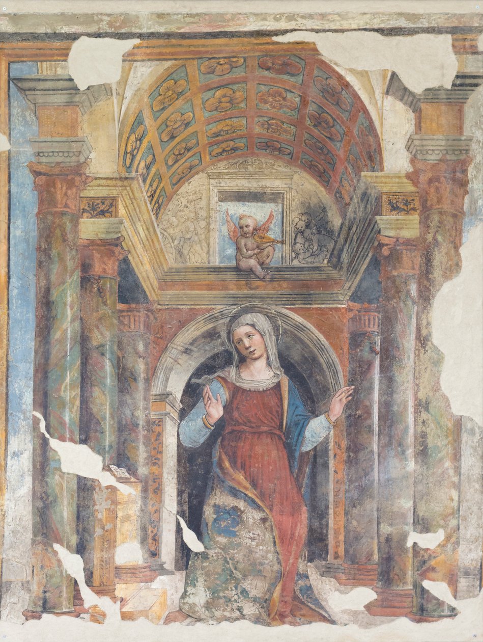 Jomfruen bebuder, XVI århundrede (fresko) af Italian School