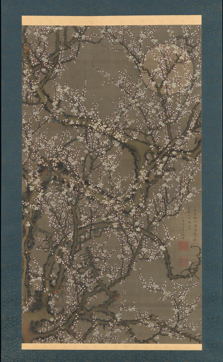 Hvide blommeblomster og måne, 1755. af Ito Jakuchu