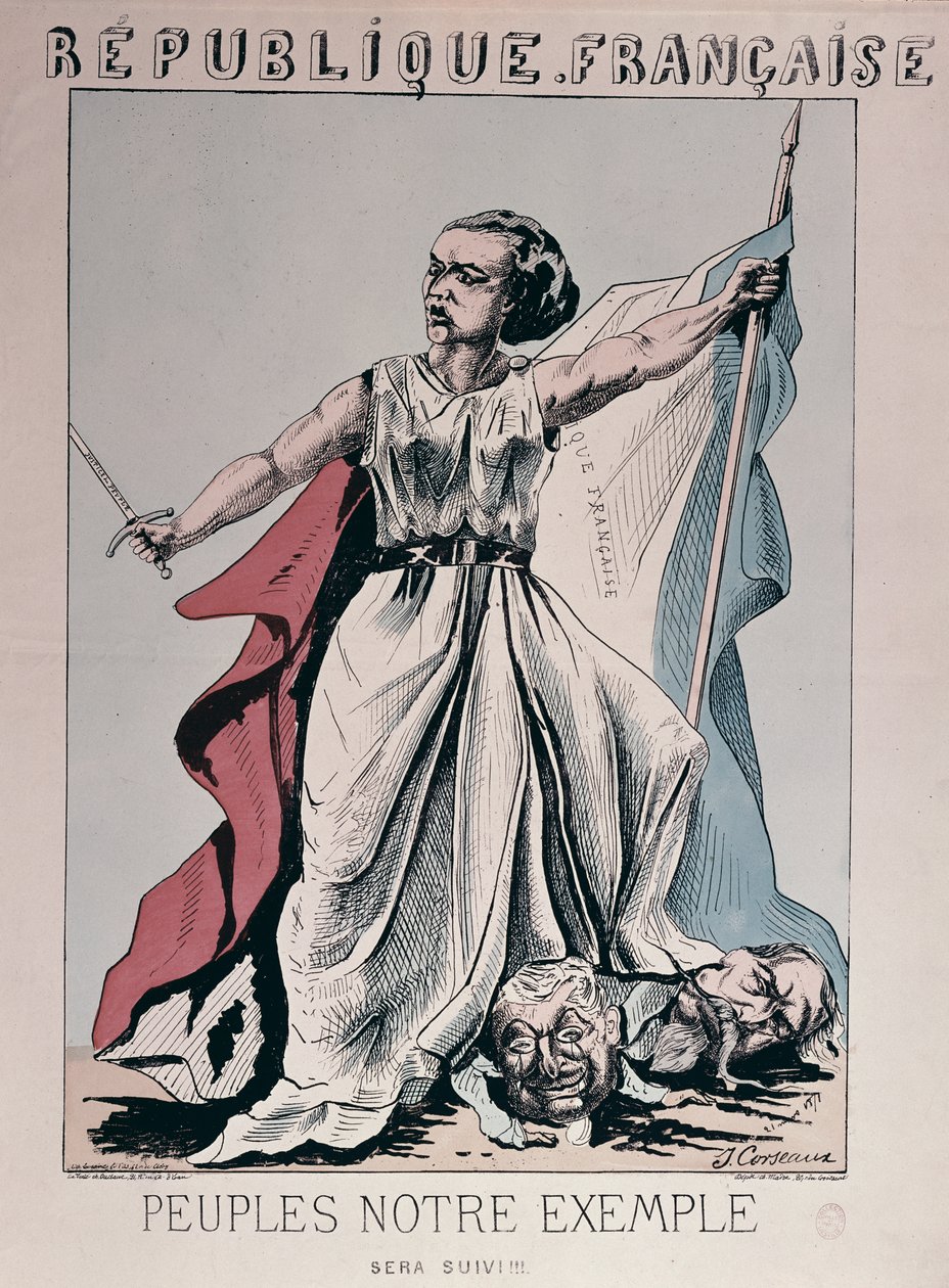 Personificering af Den Franske Republik som Louise Michel (1830-1905), der trampede på hovedet af Louis Adolphe Thiers (1797-1877) og Napoleon III (1808-73) (farvestik) af J. Corseaux