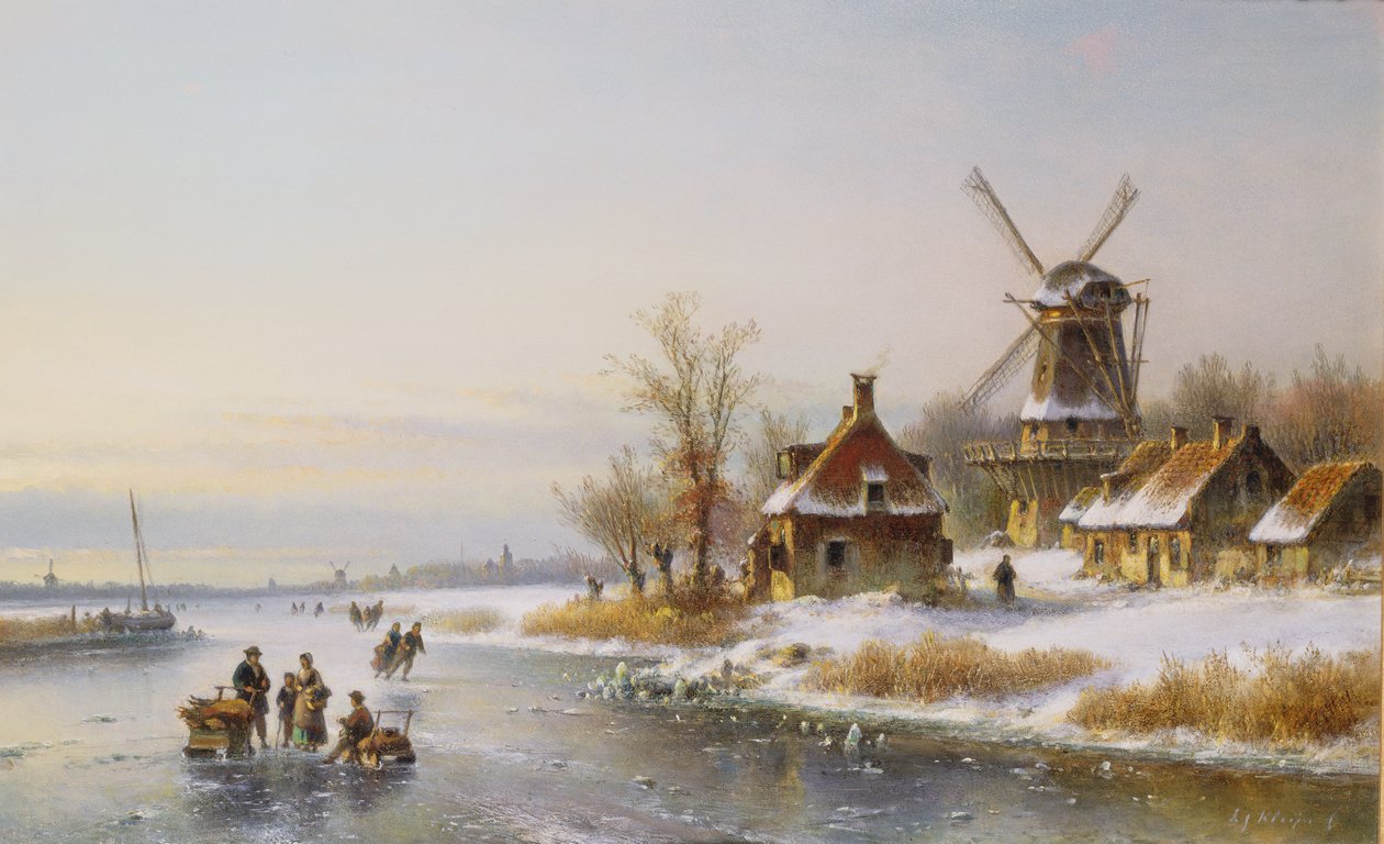 Vinterlandskab med en vindmølle, 1800-tallet af Lodewijk Johannes Kleyn
