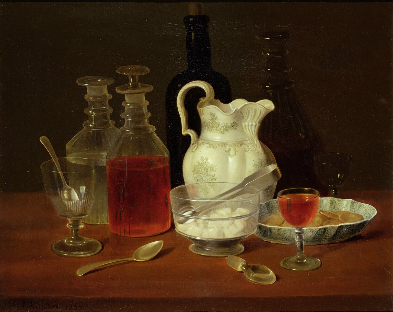 Stilleben med karafler af J. Rhodes