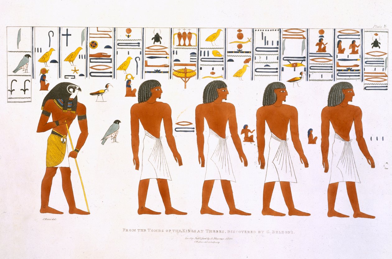 Vægmalerier fra Kongernes Grave i Theben, opdaget af G. Belzoni, plade 6 fra `Plader Illustrative of the Researches in Egypt and Nubia`, graveret af Charles Hullmandel (1789-1850) 1820-22 (litereret) af J. Ricci