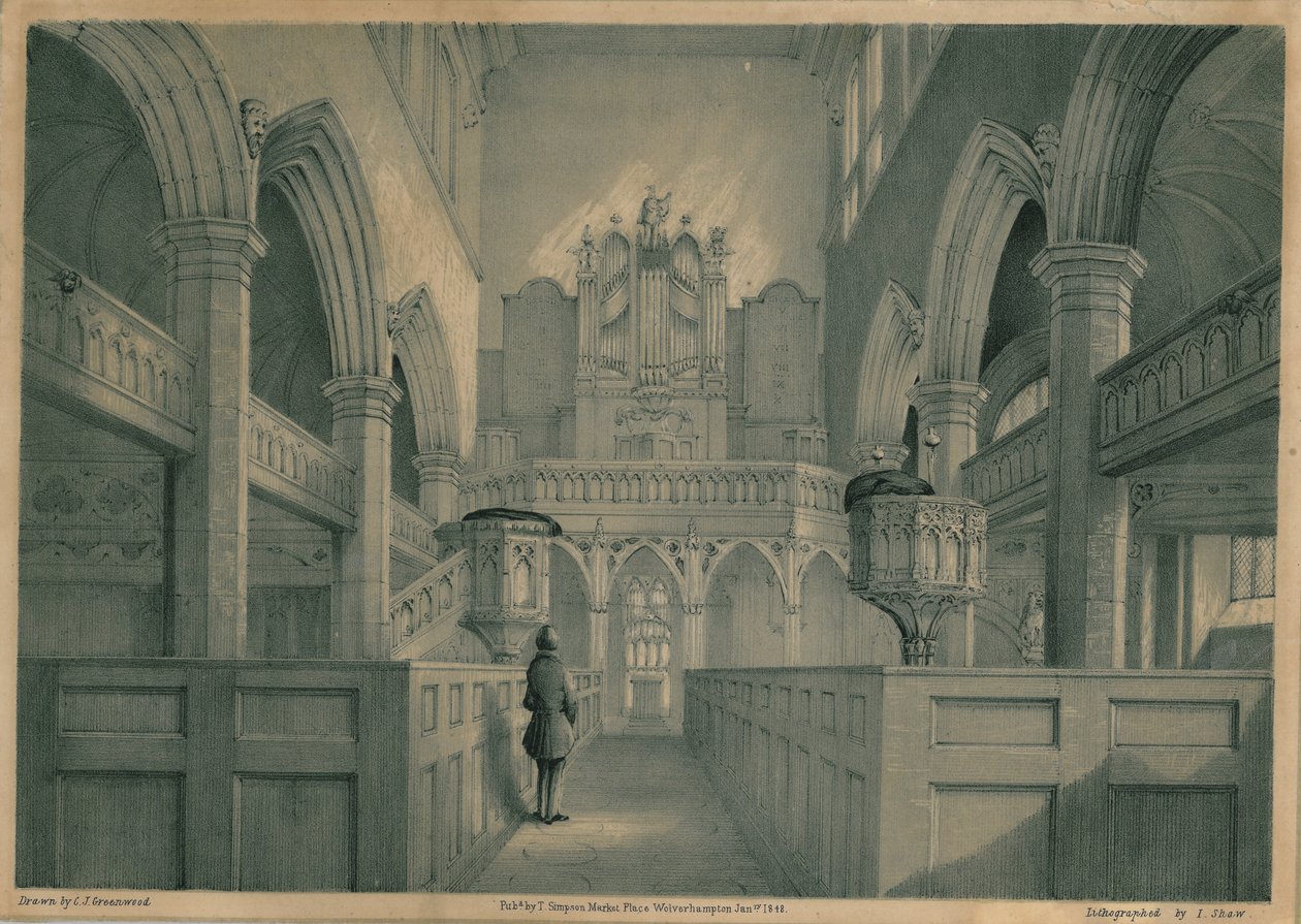 Indvendigt billede af St. Peters Church, Wolverhampton, 1848 af J. Show