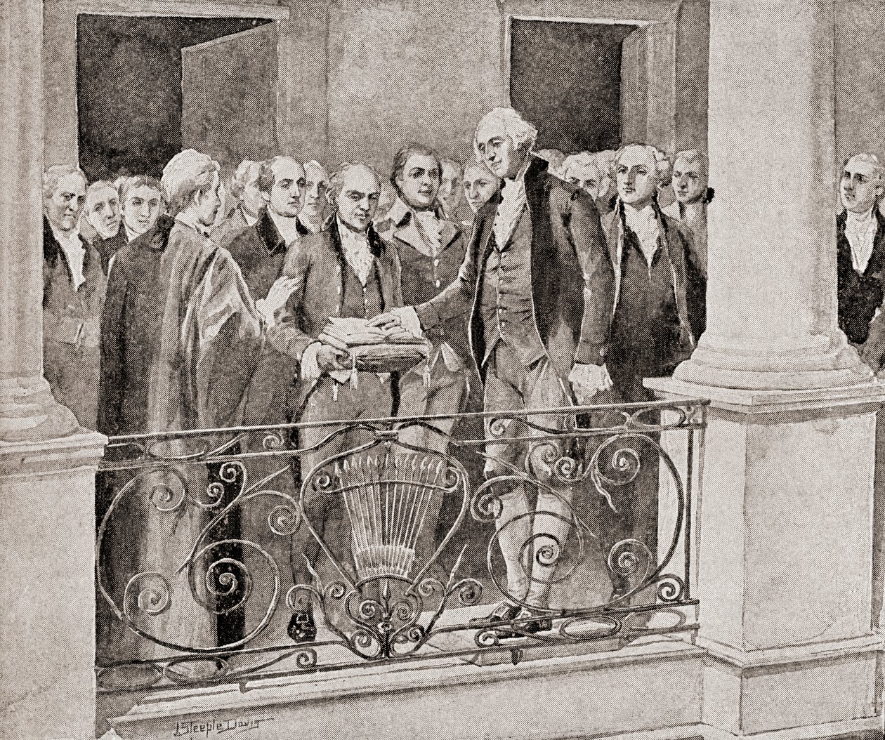 George Washingtons første indsættelse, 30. april 1789, fra The History of Our Country, udgivet i 1905 af J. Steeple Davis