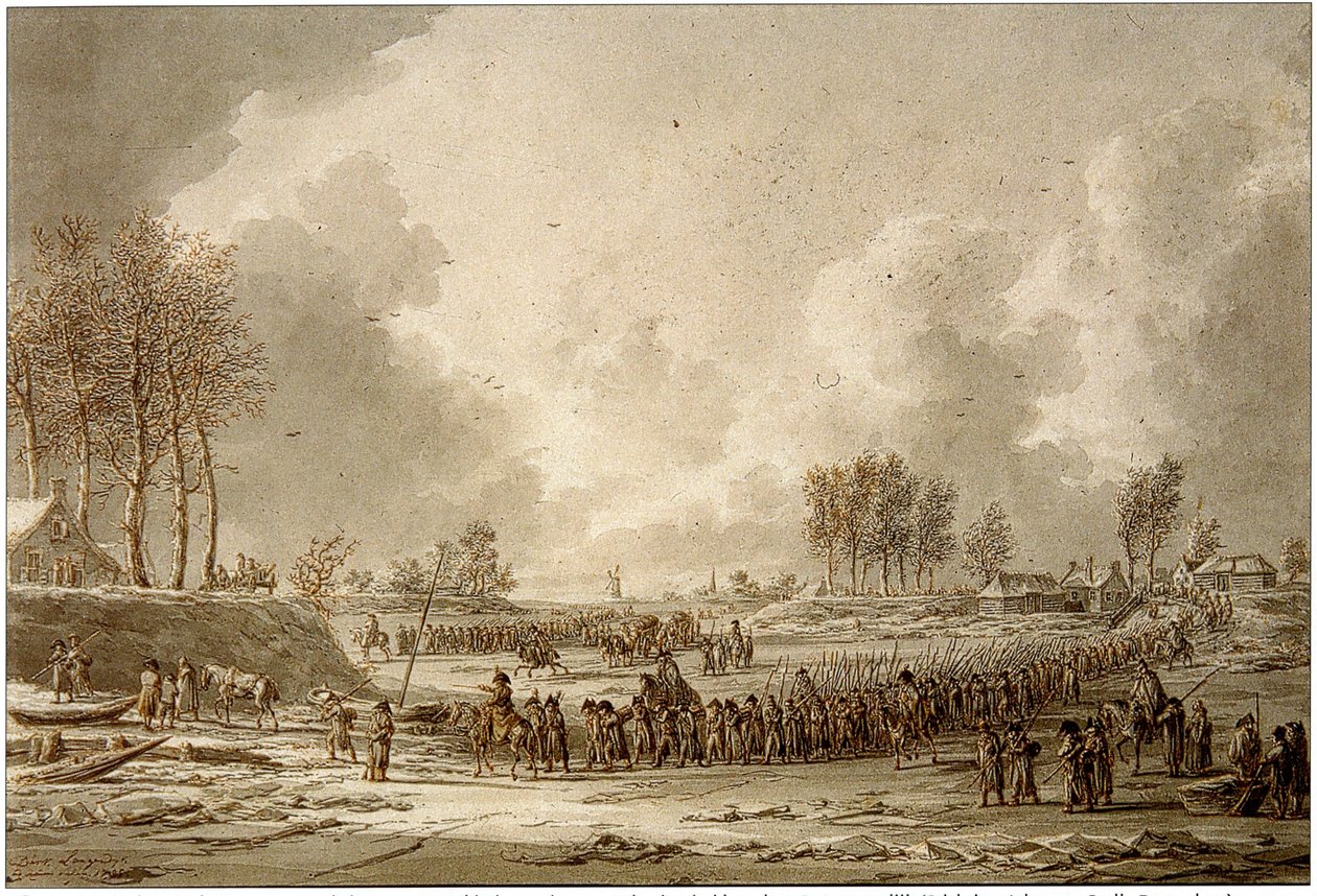 Den franske hær krydser den frosne Waal, 1795 af J.A. Langendijk