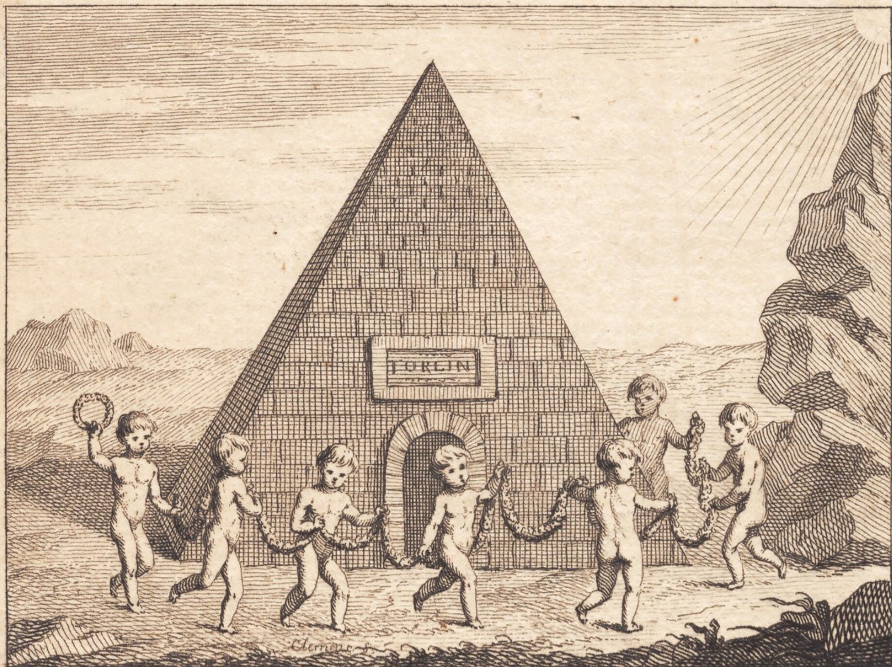 Syv børn danser foran pyramide af J.F. Clemens