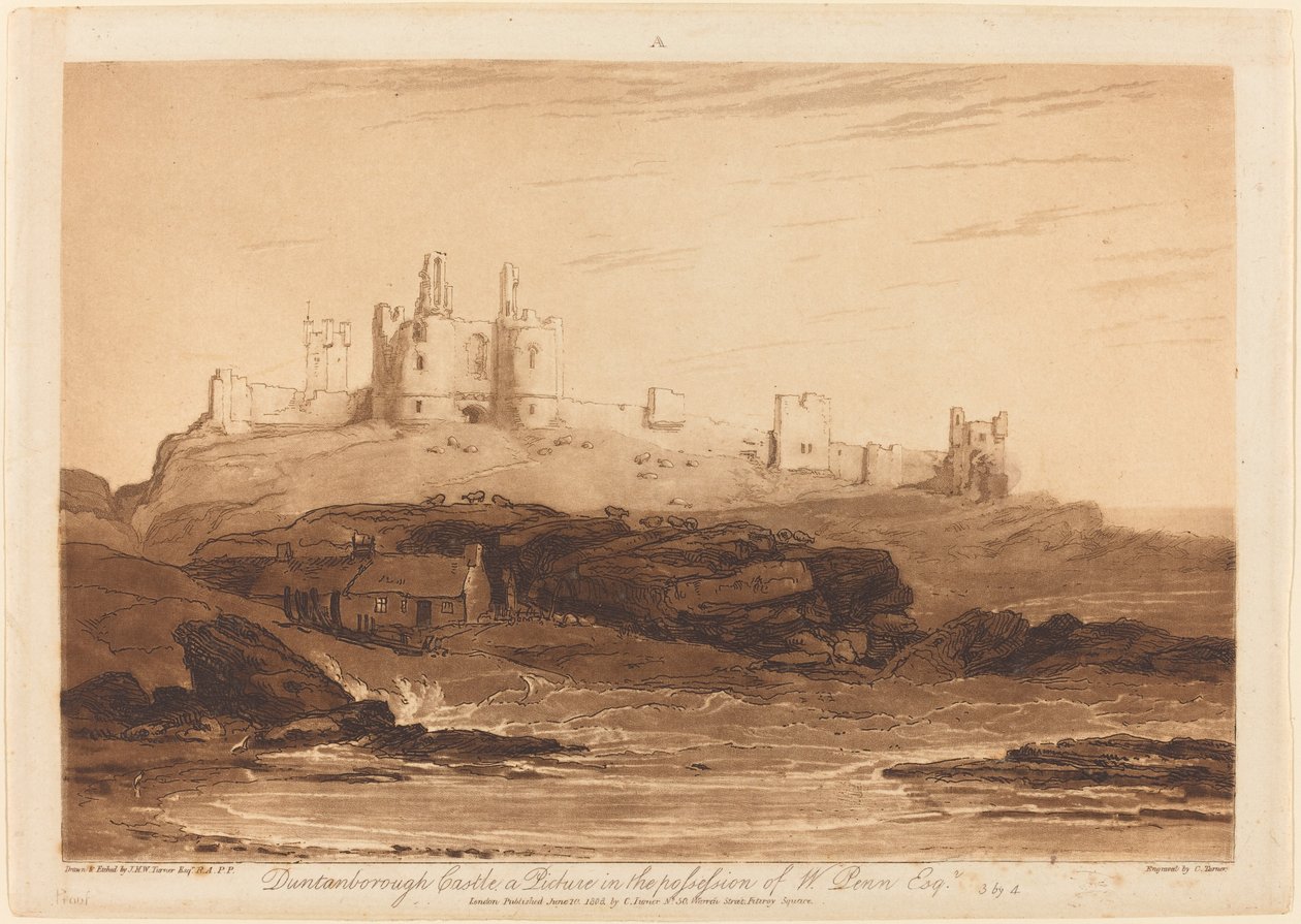 Dunstanborough Castle, udgivet 1808. af Joseph Mallord William Turner