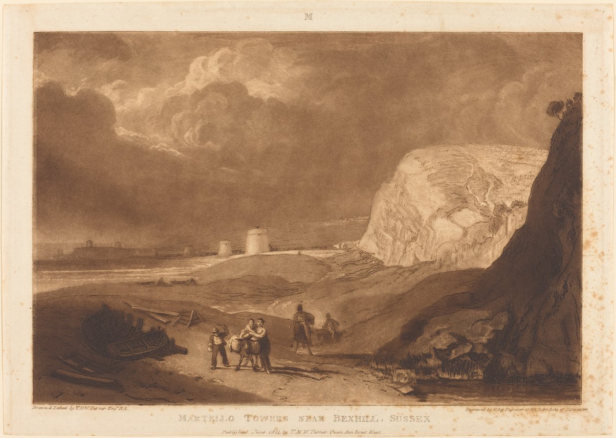 Martello Towers nær Bexhill, Sussex, udgivet 1811. af Joseph Mallord William Turner