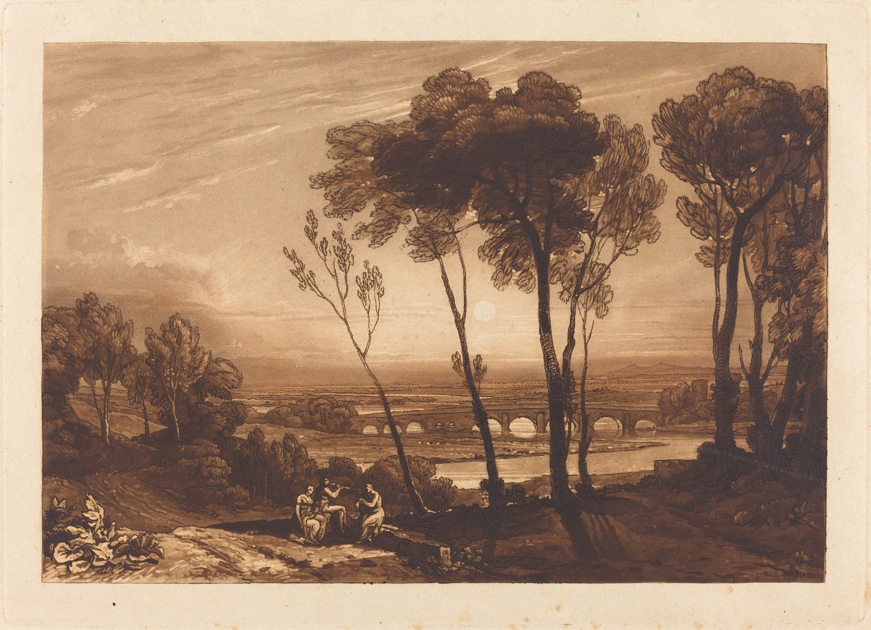 The Bridge in Middle Distance, udgivet 1808. af Joseph Mallord William Turner