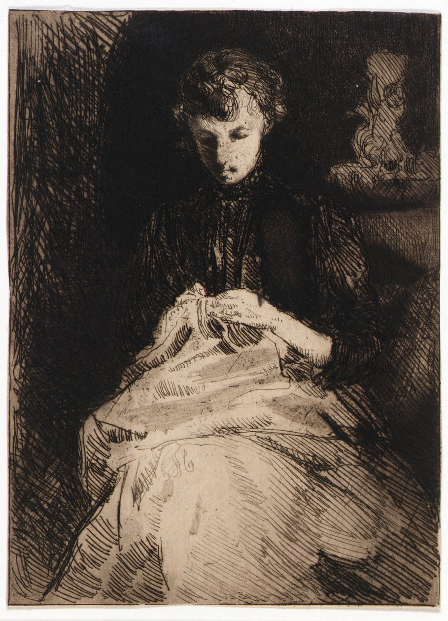 Kvinde sidder og syr af J. Alden Weir