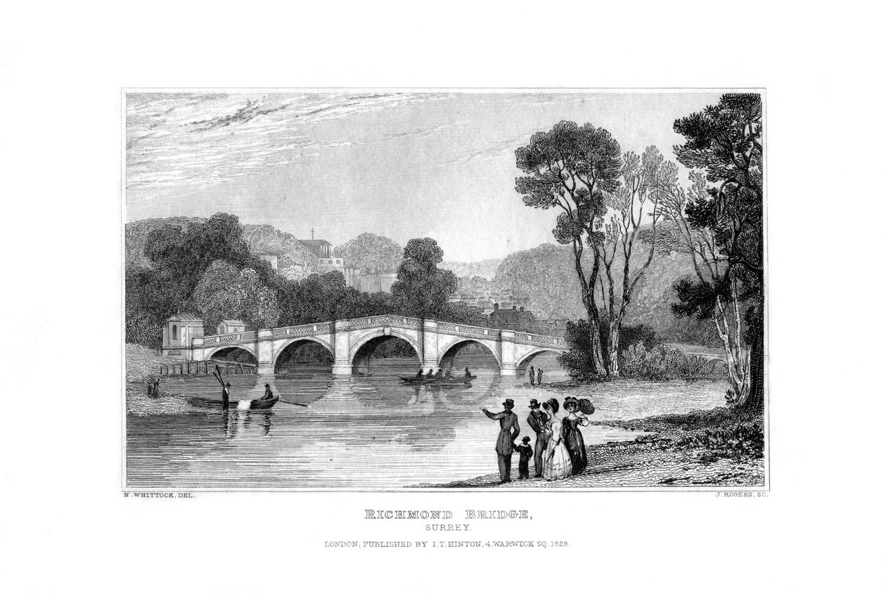 Richmond Bridge, London, 1829. af J. Rogers