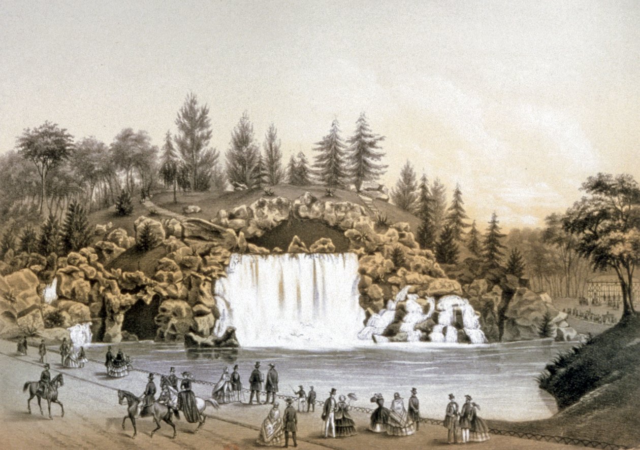 Bois de Boulogne-vandfaldet, ca. 1860 (litografi) af J. Walter