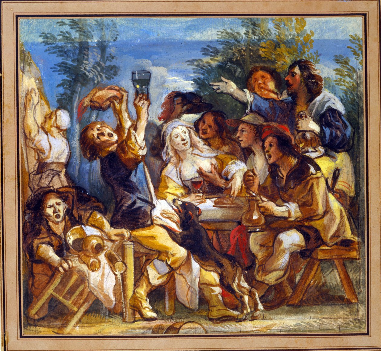 En fest, der drikker uden for en kro (wc forhøjet med hvidt på papir) af Jacob Jordaens