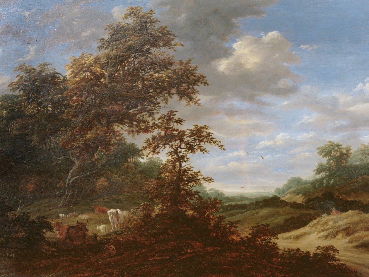 Et skovklædt landskab med kvæg af Jacob van Ruisdael
