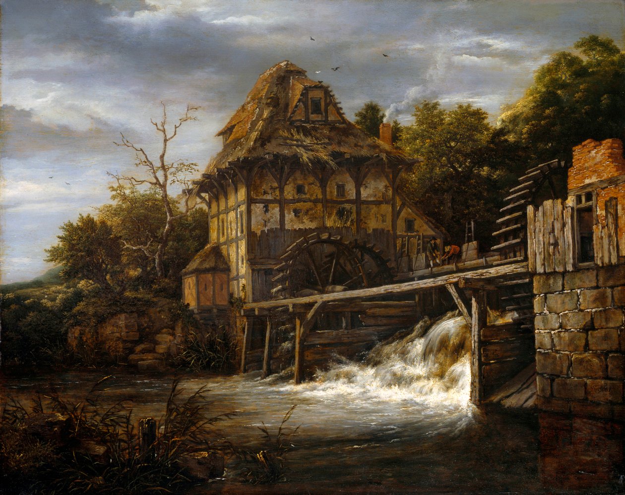 To undershot vandmøller med mænd, der åbner en sluse af Jacob van Ruisdael