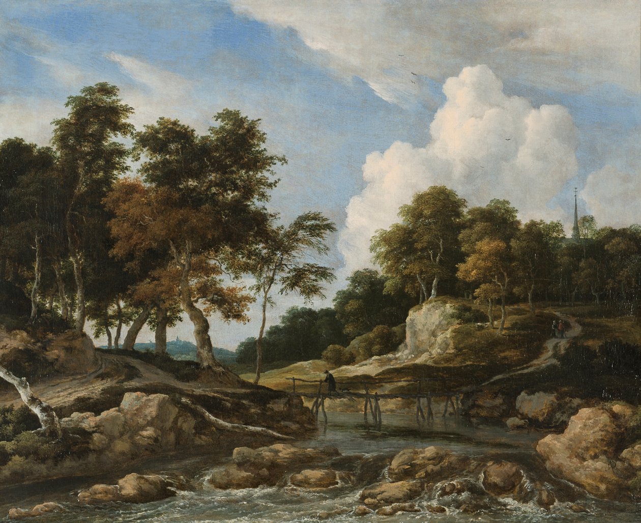 Skovklædt flodlandskab med en bro af Jacob van Ruisdael