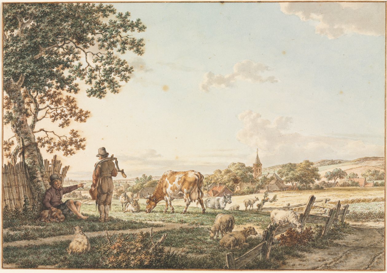 Pastoralt landskab med landsby, 1799. af Jacob Cats