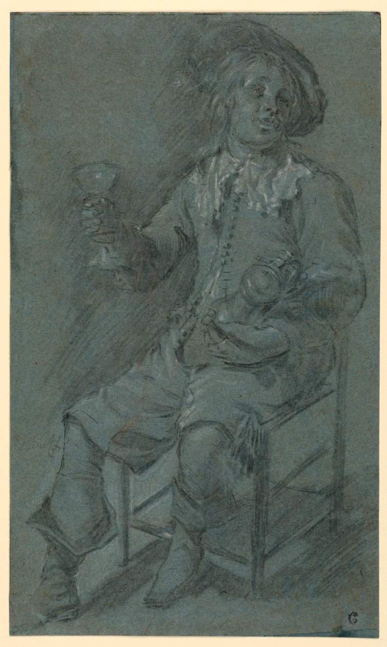 Tegning, siddende kavaler med vinglas, 1650-60 af Jacob Duck
