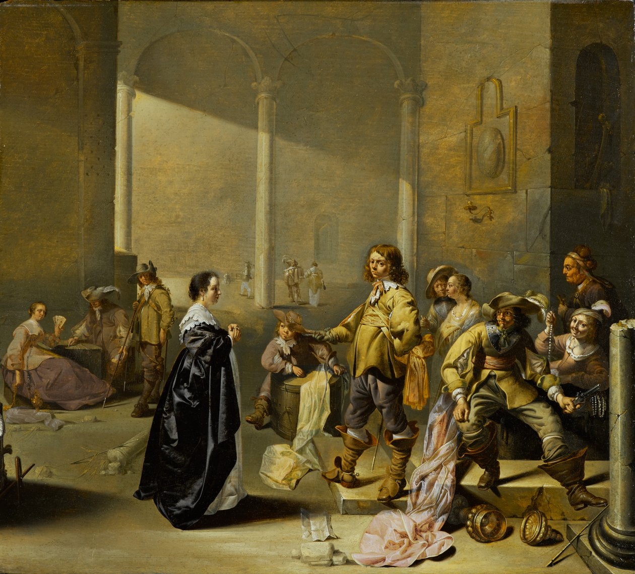 Vagtrumsscene med krigsbytte, ca. 1635-1640 af Jacob Duck