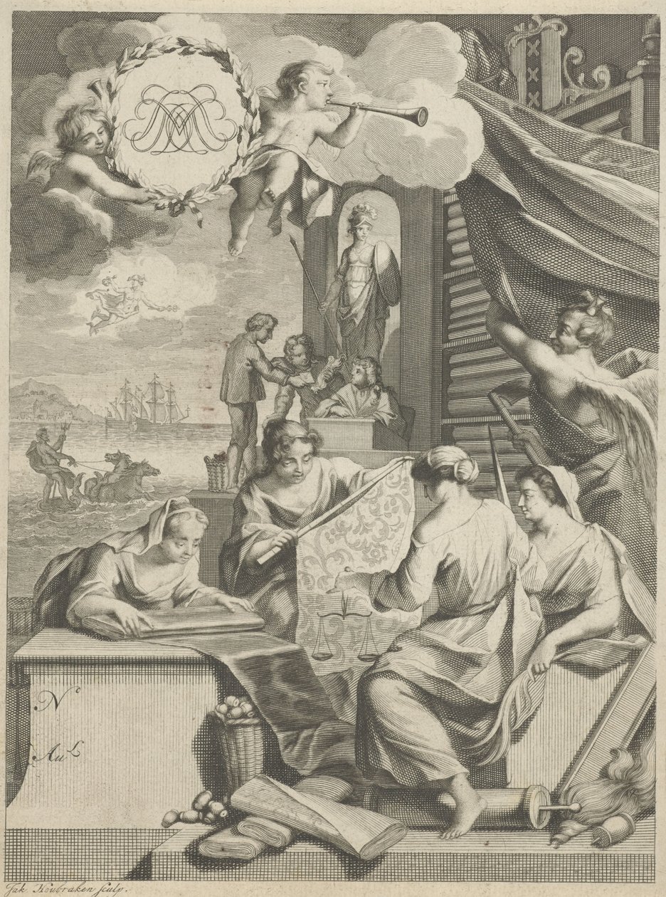 Silkehandel og allegoriske figurer af Jacob Houbraken