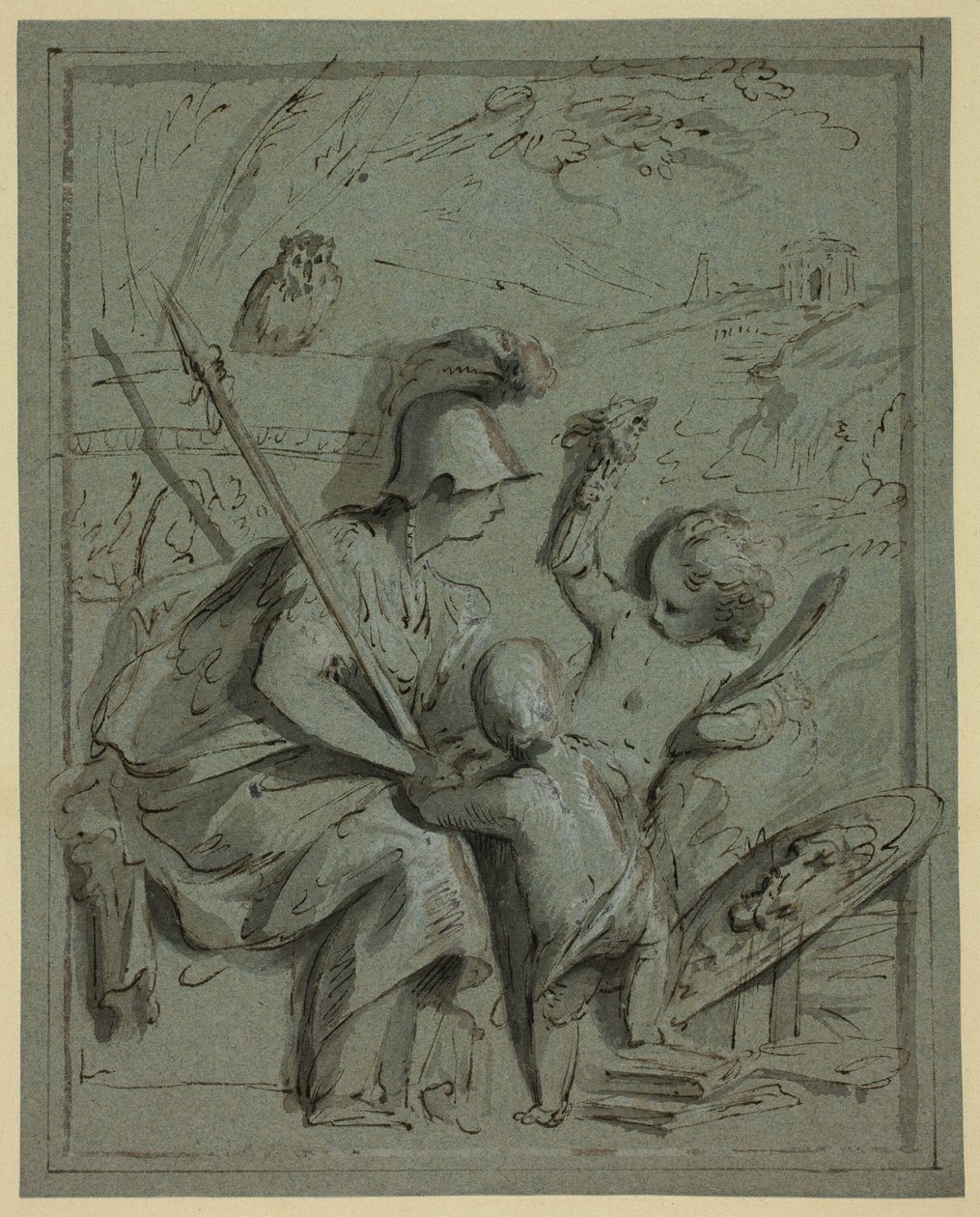 Minerva med Two Putti af Jacob de Wit