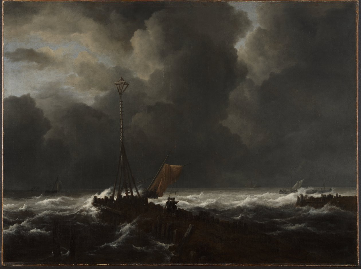 Ujævnt hav ved en anløbsbro af Jacob van Ruisdael
