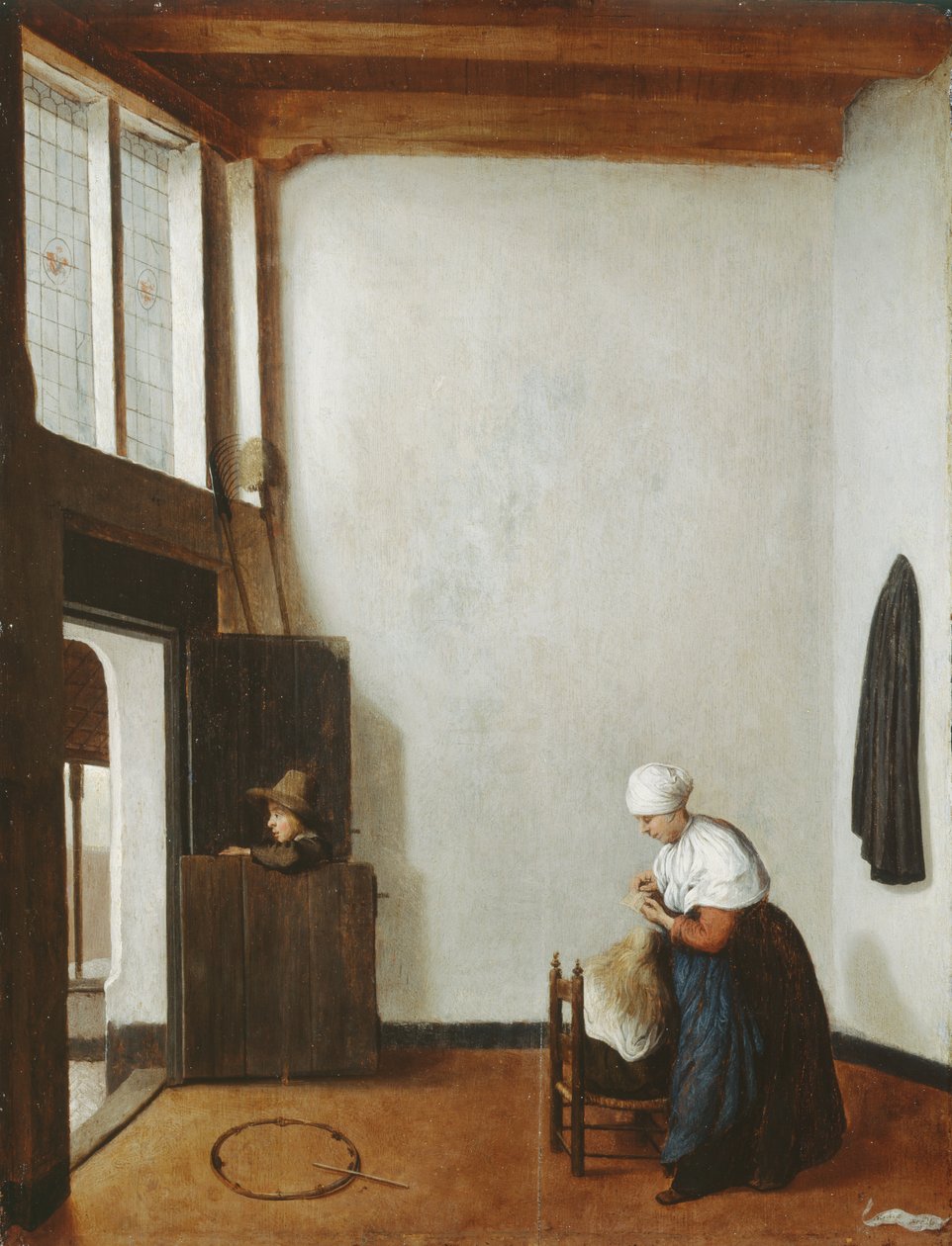 Interiør med en kvinde, der reder en lille piges hår, ca. 1662 (olie på egetræspanel) af Jacobus Vrel or Frel