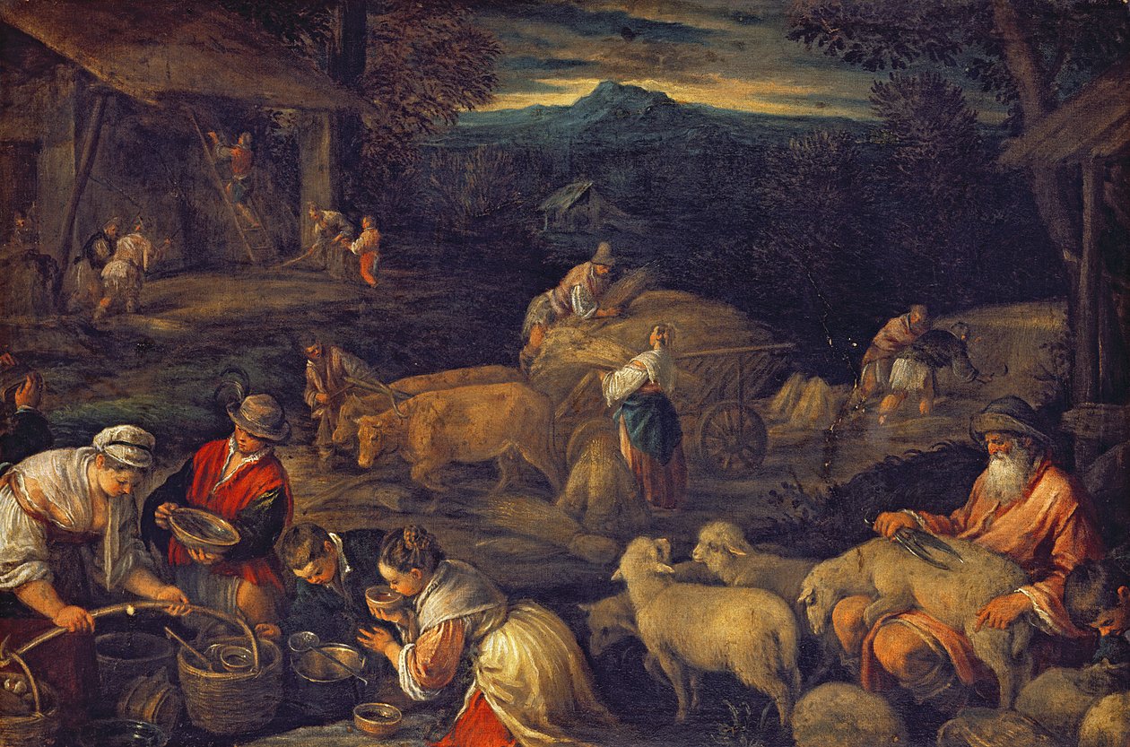 Gårdinteriør eller klipning af får af Jacopo Bassano