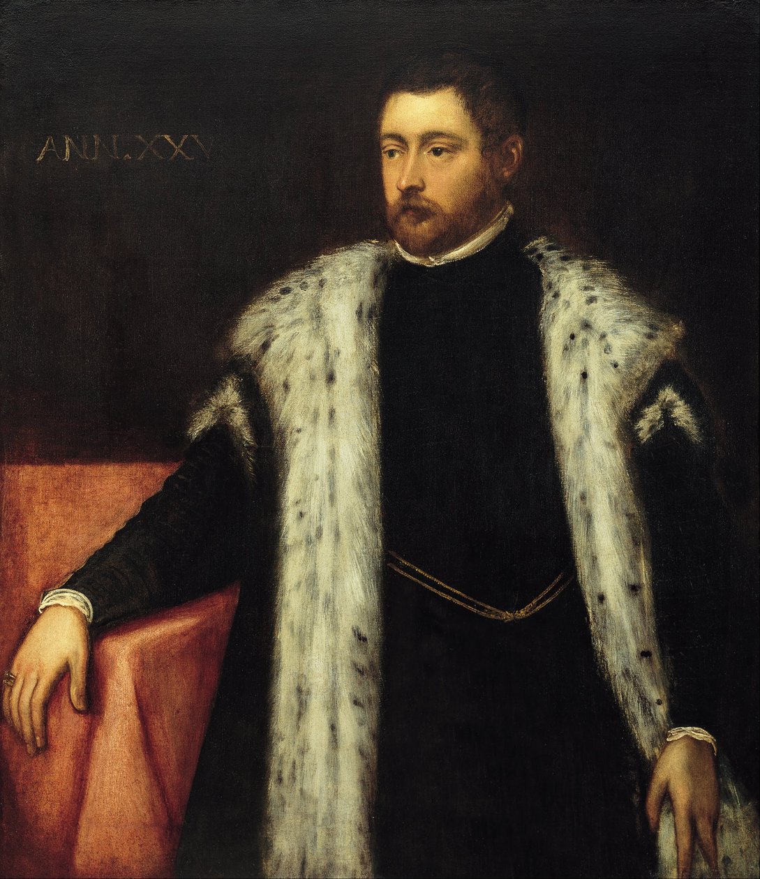 Femogtyve år gammel ungdom med pelsforet frakke af Jacopo Robusti Tintoretto