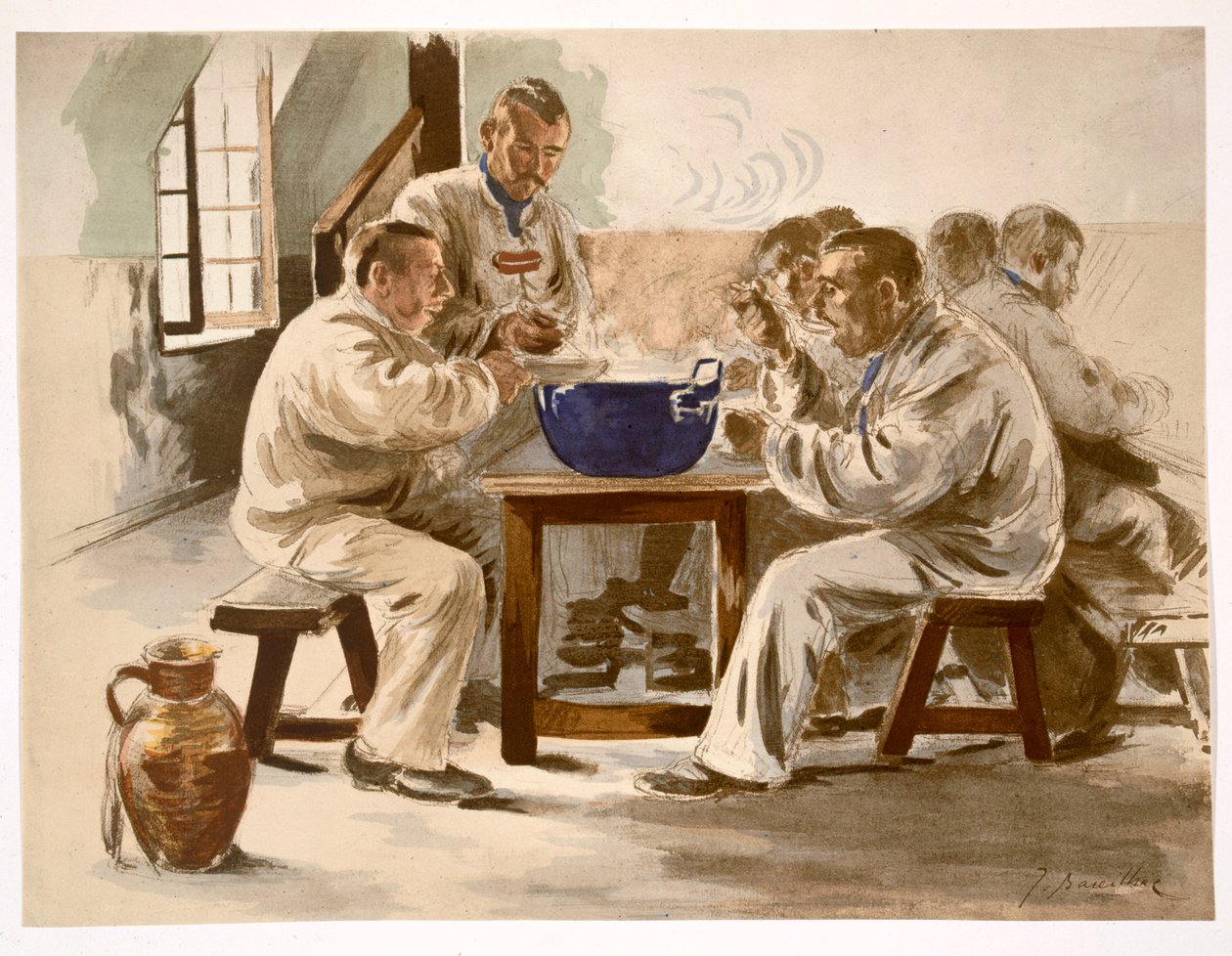 Spise suppe på kasernen, fra LEstampe Moderne, udgivet Paris 1897-99 af Jacques Baseilhac