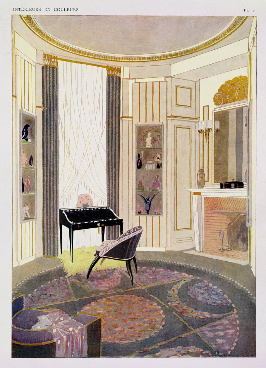 Interiør med møbler designet af Ruhlmann, fra en samling af grafik udgivet i 4 bind af Albert Levy, ca. 1924-26 (pochoir-tryk) af Jacques Emile Ruhlmann