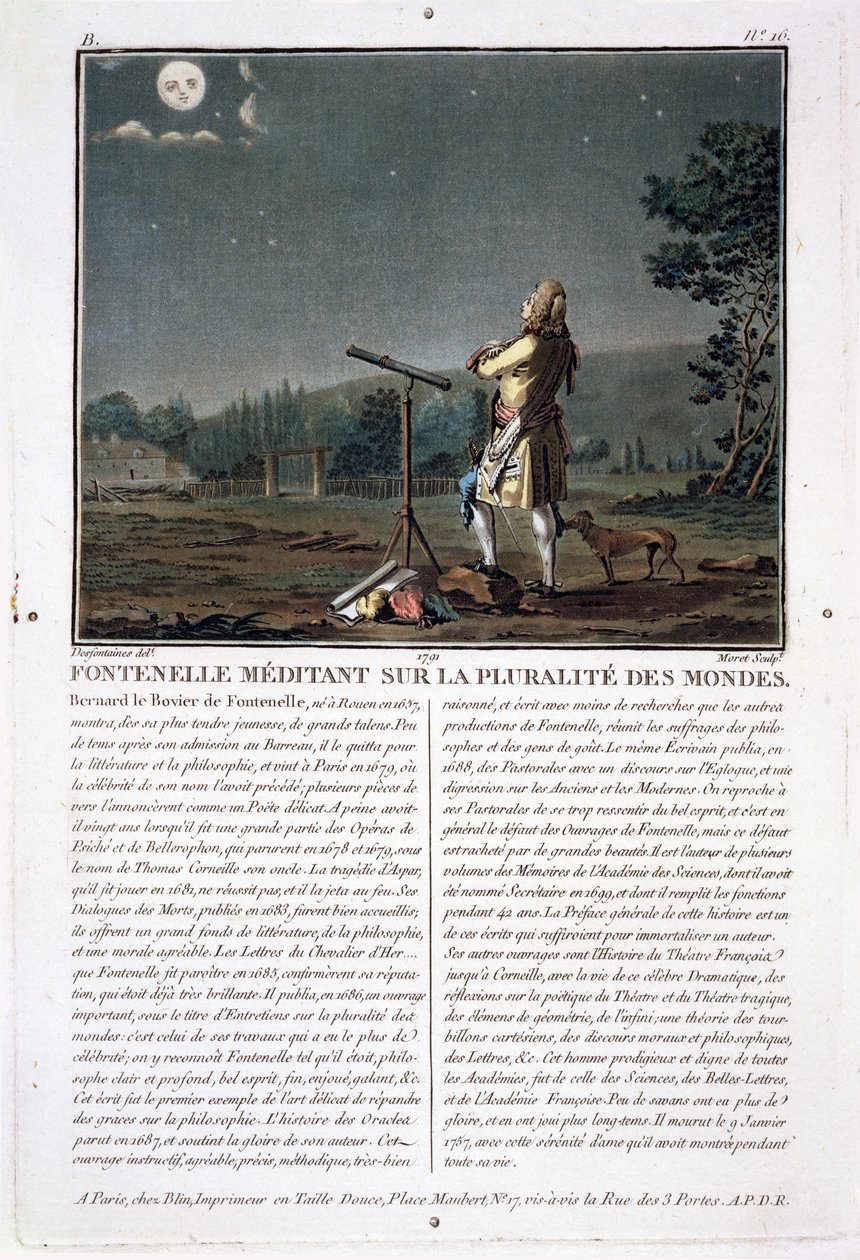 Bernard le Bovier de Fontenelle (1657-1757) overvejer mangfoldigheden af verdener, indgraveret af Jean Baptiste Morret (fl.1790-1820), 1791 (se også 251584) af Jacques Francois Joseph Swebach