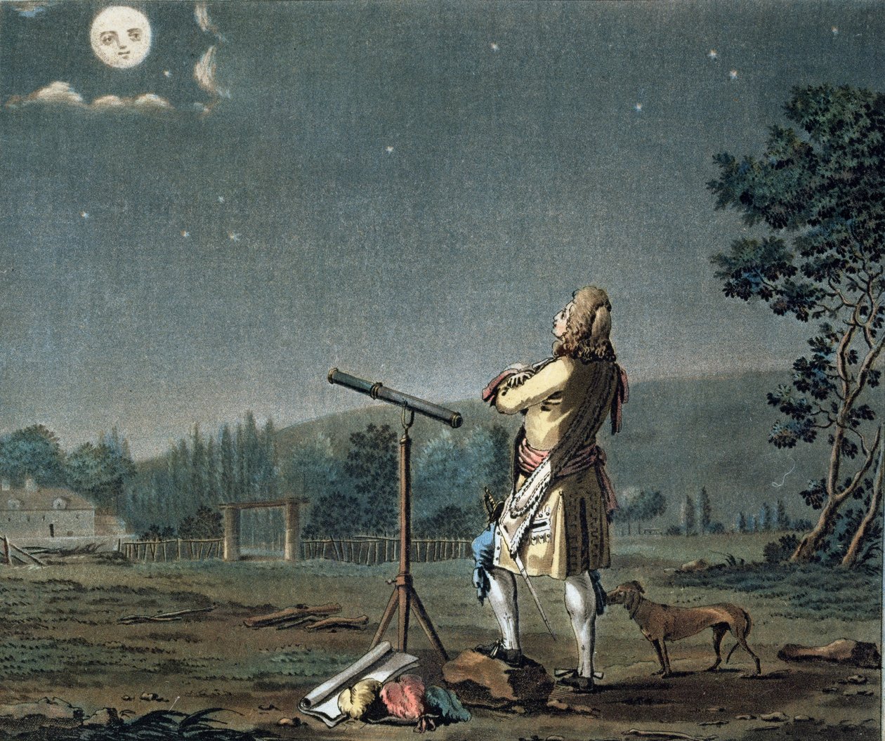 Bernard le Bovier de Fontenelle (1657-1757) overvejer mangfoldigheden af verdener, indgraveret af Jean Baptiste Morret (fl.1790-1820) 1791 (se også 169293) af Jacques Francois Joseph Swebach