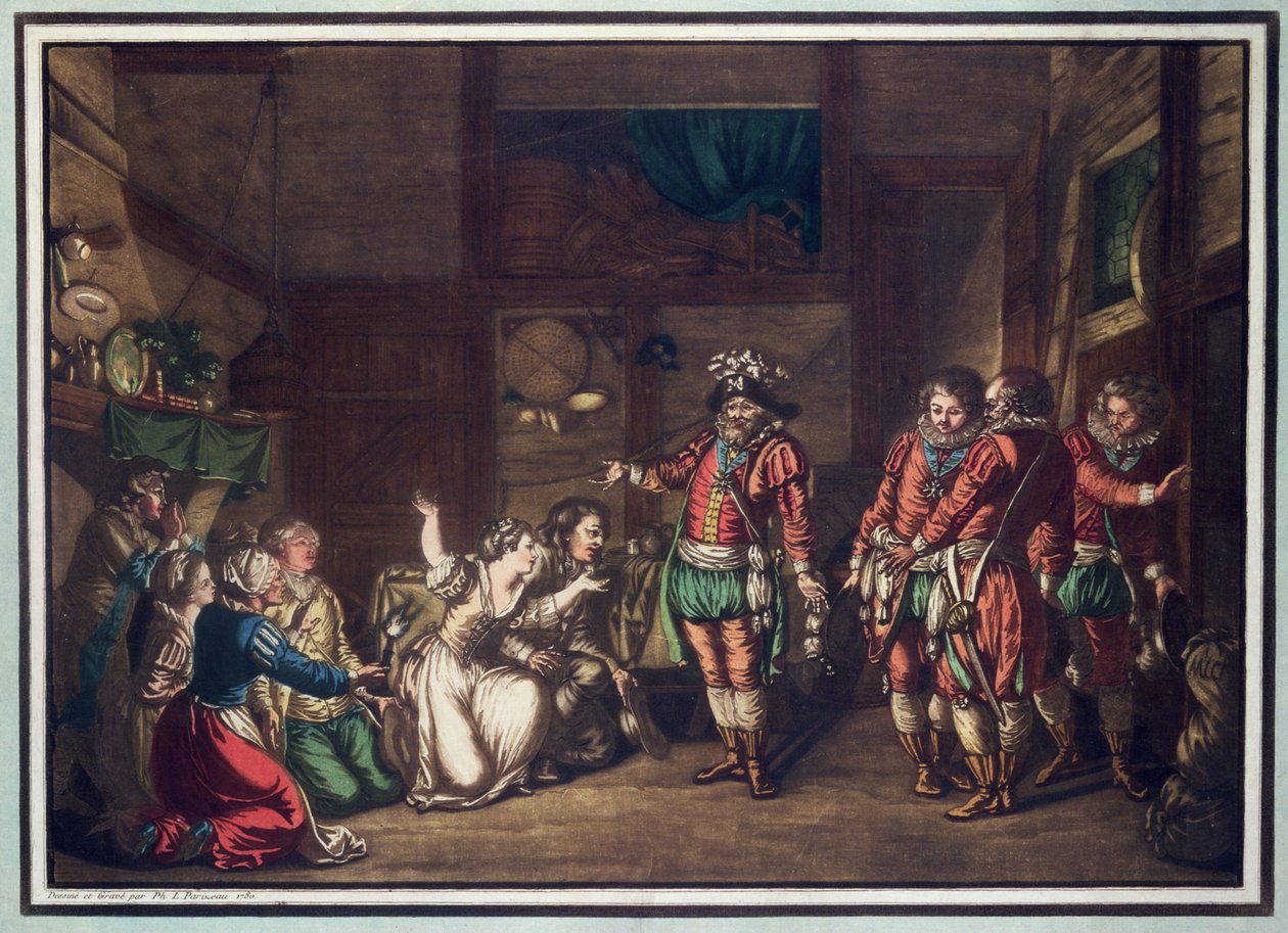 Armand de Gontaults død, Baron de Biron (1524-92), graveret af Jean Baptiste Morret (fl.1790-1820), 1792 (farvet litho) af Jacques Francois Joseph Swebach