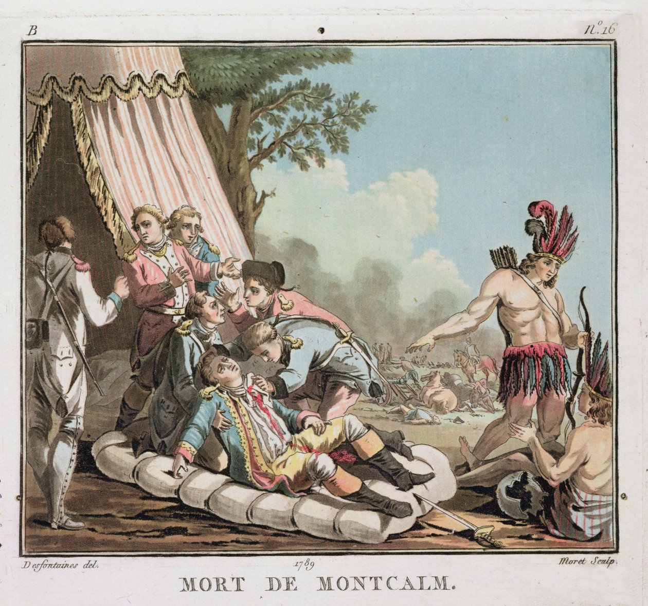 Louis Joseph de Montcalms død ved belejringen af Quebec, 1759, graveret af Jean Baptiste Morret (fl.1790-1820), 1789 (farvet litho) (se også 139883) af Jacques Francois Joseph Swebach