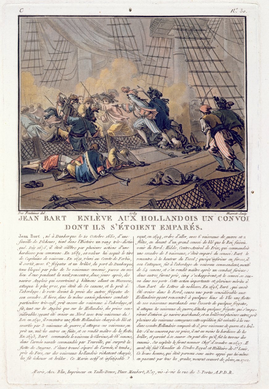 Jean Bart (1651-1702), fransk flådechef, der tog den hollandske konvoj, 1696, graveret af Jean Baptiste Morret (fl.1790-1820), 1789 af Jacques Francois Joseph Swebach