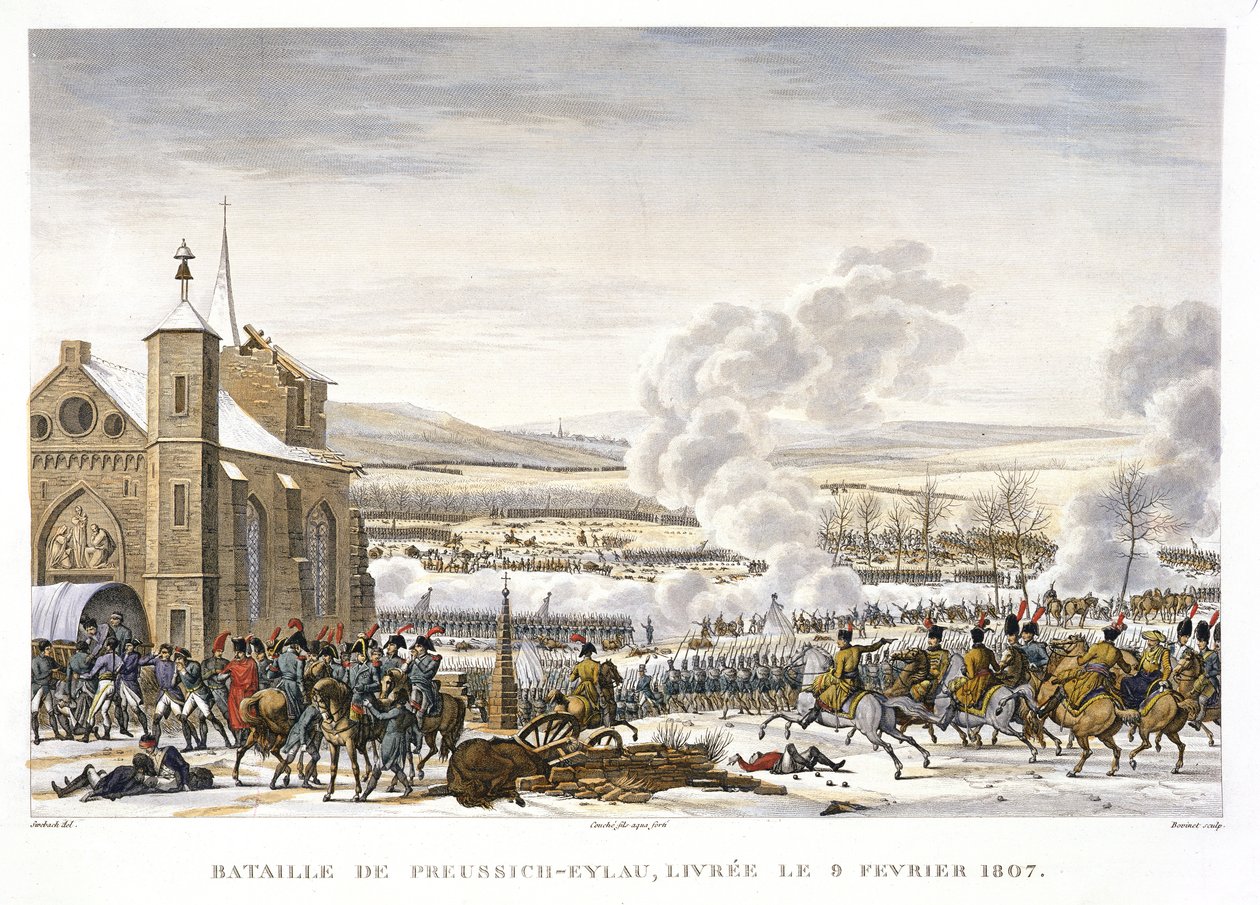 Slaget ved Preussisch-Eylau, 9. februar 1807, indgraveret af Edme Bovinet (1767-1832) (akvatinte) af Jacques Francois Joseph Swebach