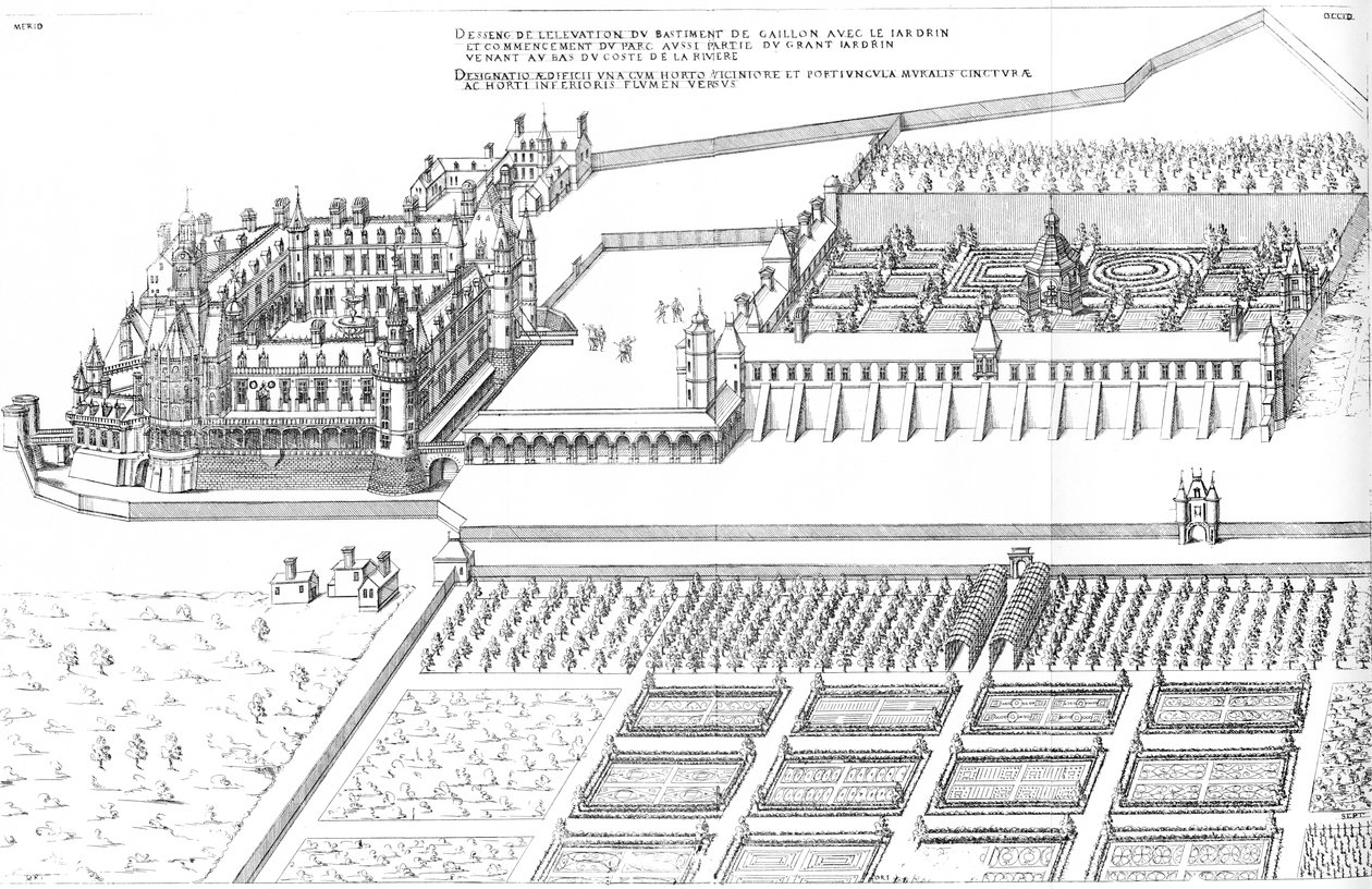 Gravering fra Det første bind af de mest fremragende Bastiments de France af Jacques I Androuet du Cerceau. Generelt lateralt fugleperspektiv af Château de Gaillon af Jacques I Androuet du Cerceau