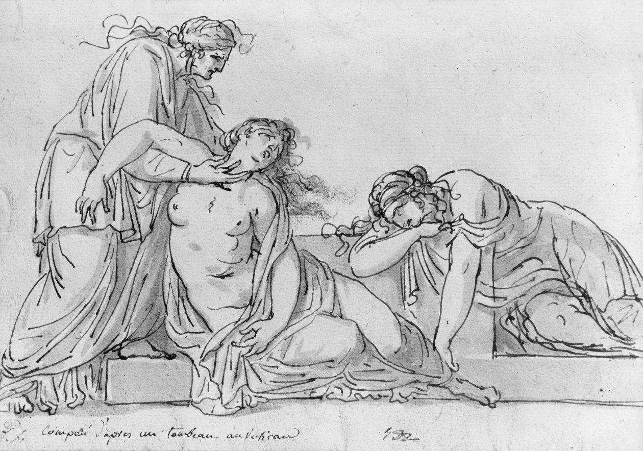 Gammel kvinde lænet over to besvimende kvinder, ca. 1776 (pen og brun blæk og grå vask und pierre noire på papir) af Jacques Louis David