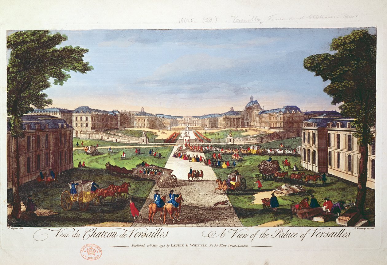 Udsigt over slottet i Versailles, 1794 (farvegravering) af Jacques Rigaud