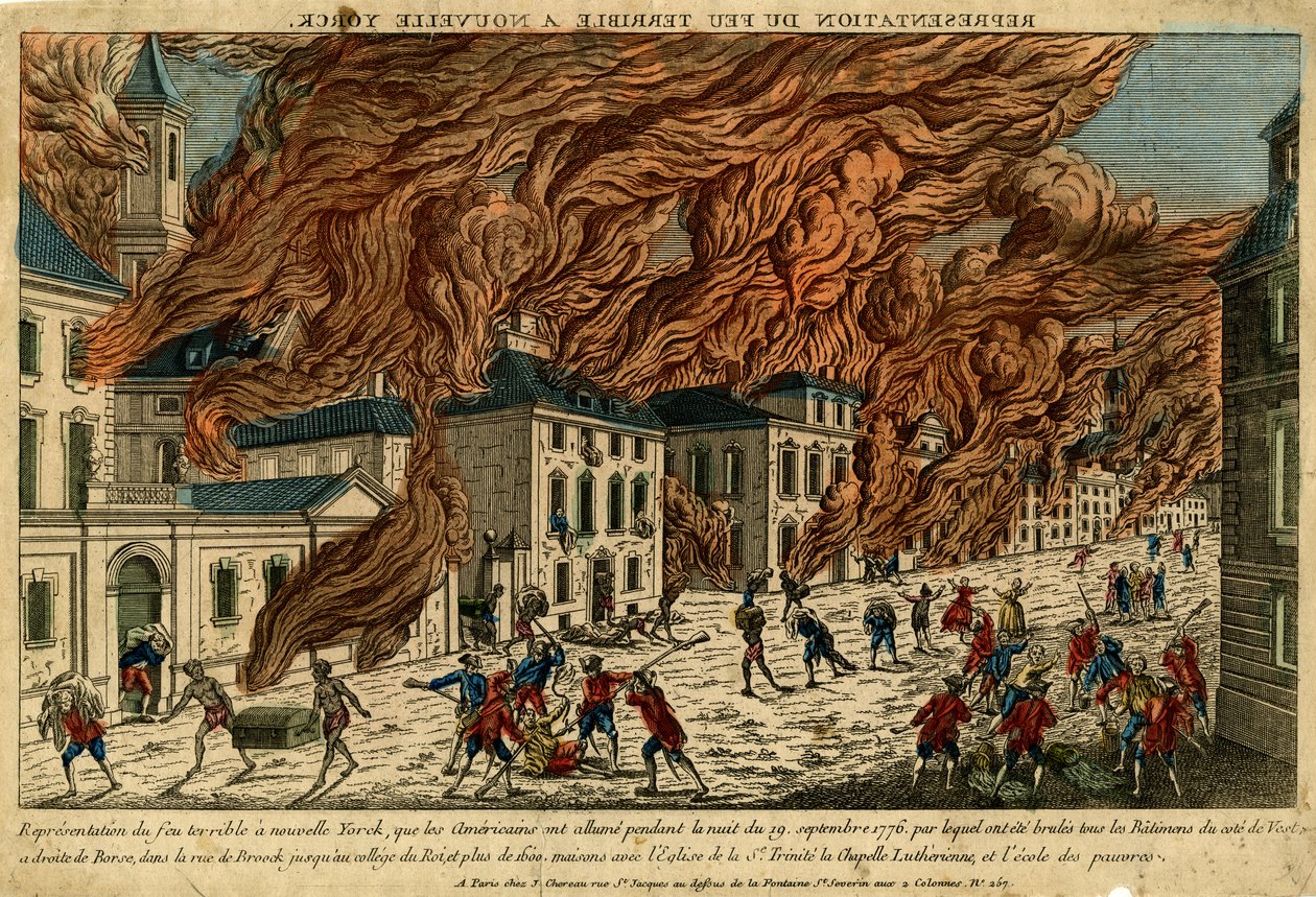 Repræsentation af Terrible Fire i New Yorck, 19. september 1776, udateret (håndfarvet gravering) af Jacques the Younger Chereau