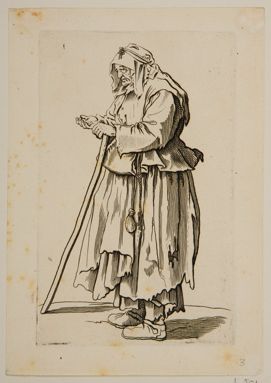 Tiggerkvinde modtager almisse (ætsning) af Jacques Callot