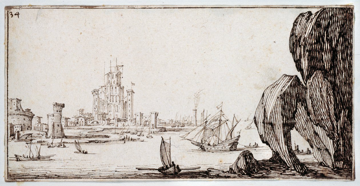 Harbor (pen & brunt blæk på papir) af Jacques Callot