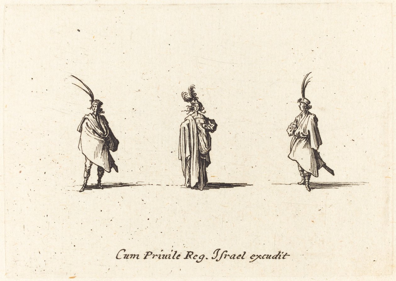 Dame i lang kappe og to herrer af Jacques Callot