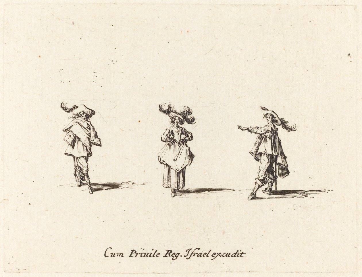 Dame med store faner og to herrer af Jacques Callot
