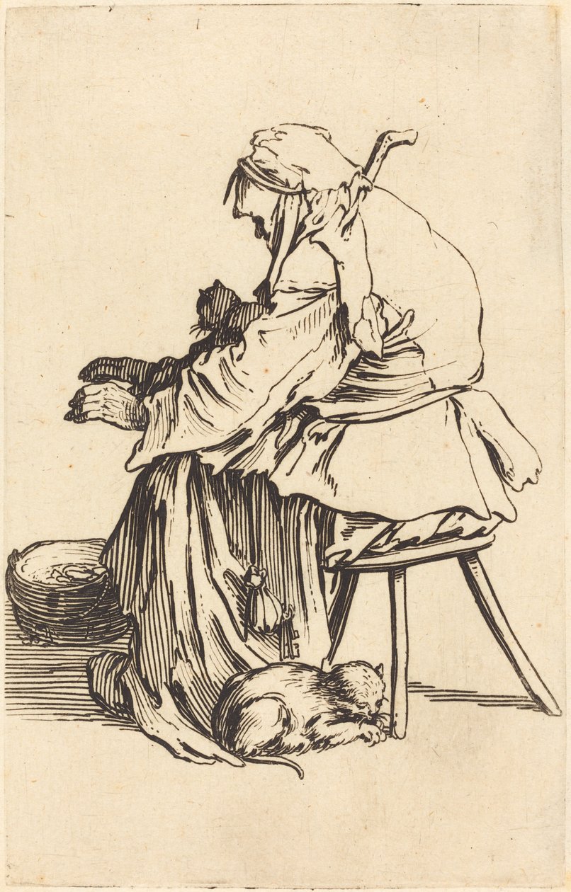 Gammel kvinde med katte, ca. 1622. af Jacques Callot